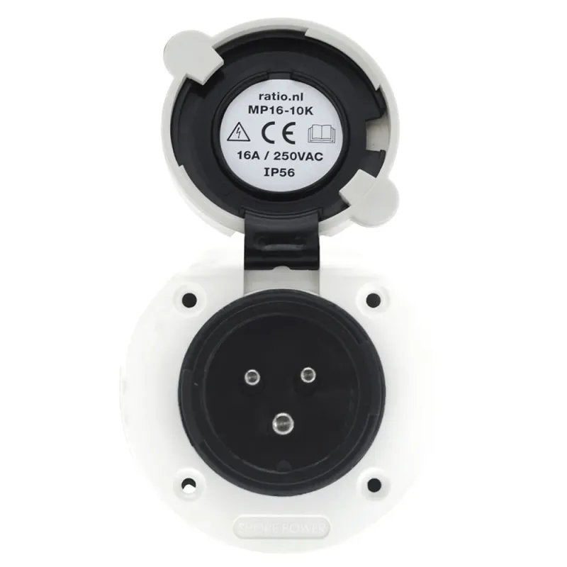 Seitliche Ansicht der Victron Energy Steckdose mit Schutzabdeckung für sichere Stromanschlüsse.