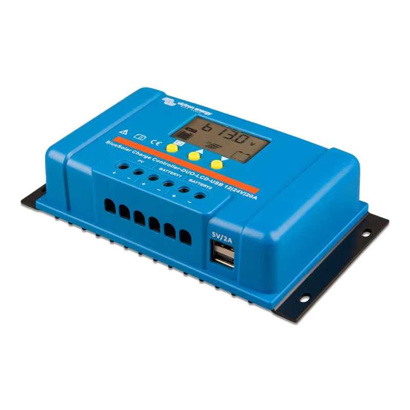 Victron BlueSolar PWM DUO-LCD & USB mit sichtbarem LCD-Display und Bedienelementen