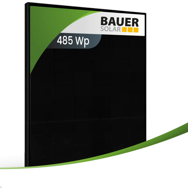 BAUER Solar Solarmodul BS-108M10BCBB-GG mit schwarzem Rahmen und Glas-Glas-Bauweise von vorne.