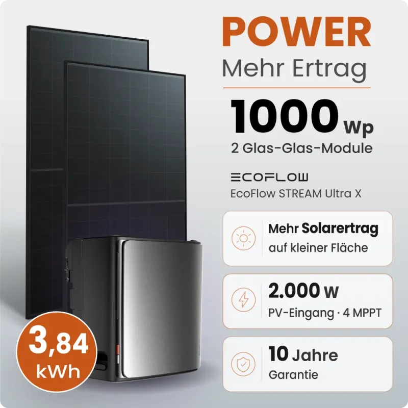 1000W Balkonkraftwerk Power mit 3,84 kWh Speicher EcoFlow Stream Ultra X