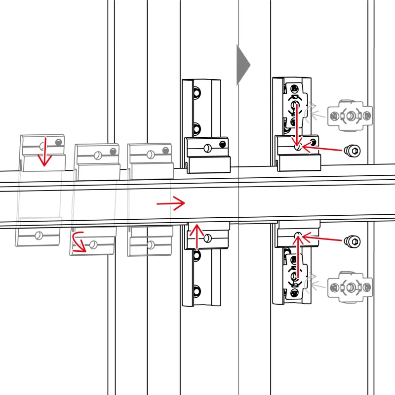 K2 2004374 InsertionRail 2.0 CrossConnector in montiertem Zustand an Schienenprofilen