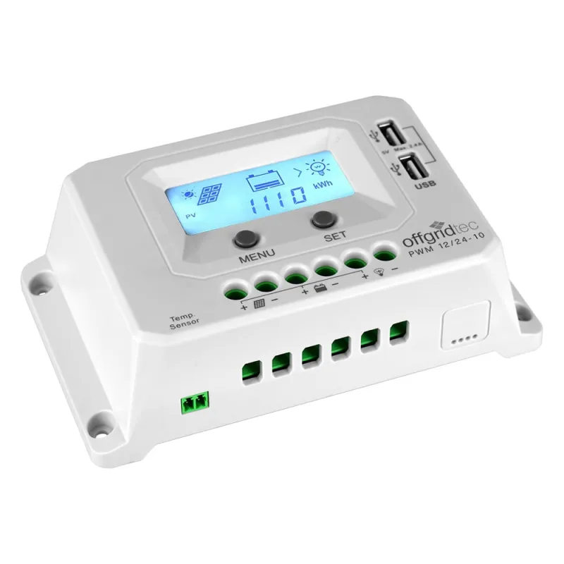 Ansicht des PWM Pro mit Anschlüssen für Solarmodule und Batterie