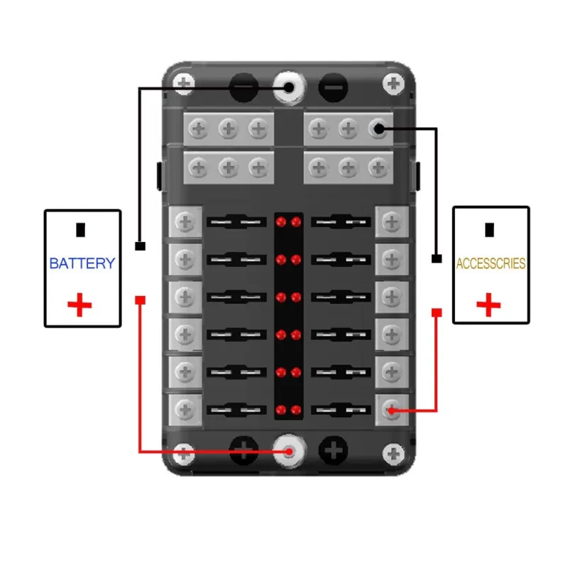 12-Fach Sicherungshalter mit eingesetzten Flachsicherungen und leuchtender LED