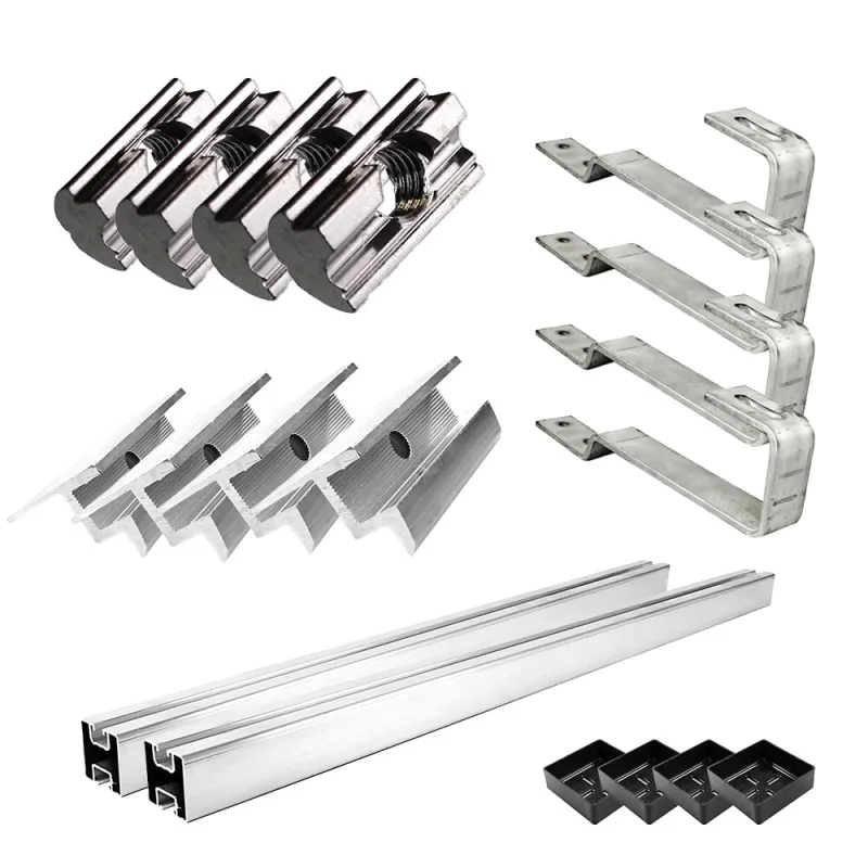 Montagekit aus Edelstahl und Aluminium für Solarmodule auf Biberschwanzdächern, Rahmenhöhe 30 mm.