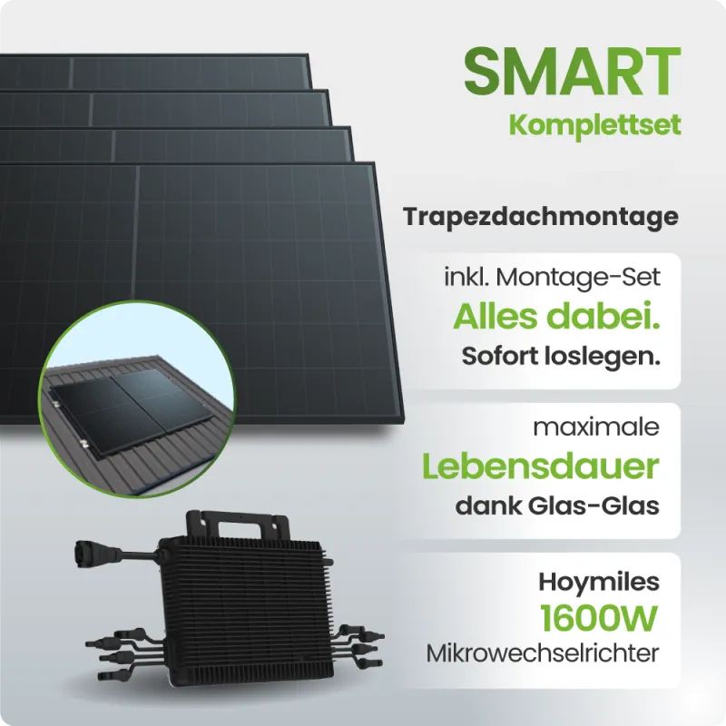 1840Wp Balkonkraftwerk Smart mit Hoymiles Mikrowechselrichter Trapezdachmontage