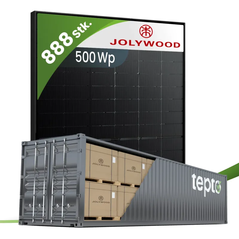 Container mit gestapelten Jolywood Solarmodulen JW-HD108N-R2-500, bereit zur Auslieferung