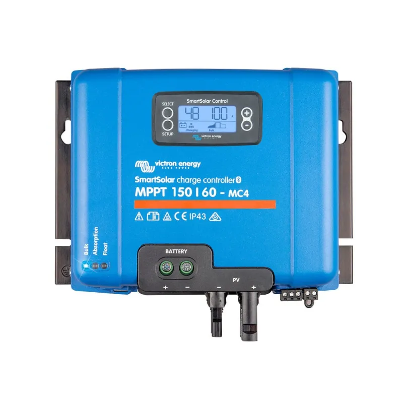 Ansicht des Victron Energy Solarladereglers MPPT mit Anschlüssen und technischen Details.