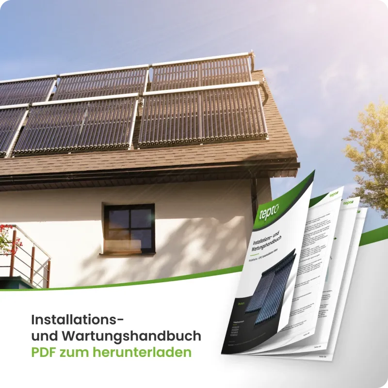 Energieflussdiagramm einer Solarthermie-Anlage mit Pufferspeicher und Vakuumröhrenkollektor.