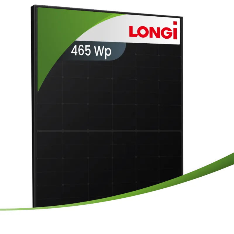 LONGi Solarmodul 465 Wp in schwarzer Glas-Glas-Ausführung, Vorderansicht mit HPBC 2.0-Technologie.
