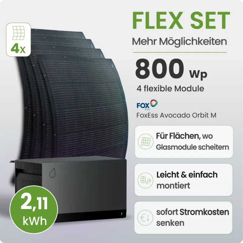 Balkonkraftwerk Flex 800Wp mit FoxEss Orbit 2,11kWh Speicher
