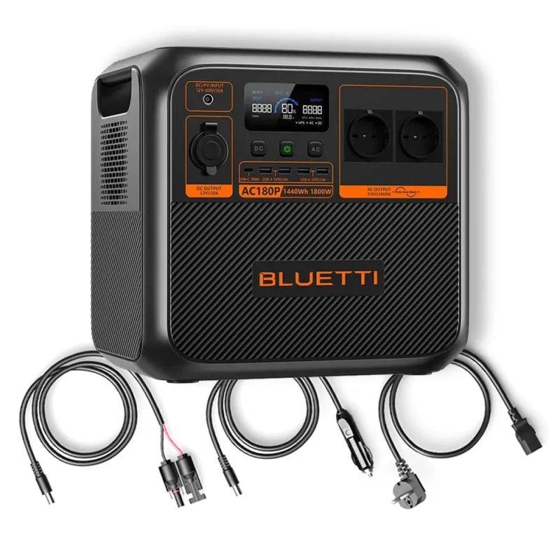 Bluetti AC180P Powerstation mit 1.440 Wh Kapazität und 1.800 W Leistung, frontale Ansicht.