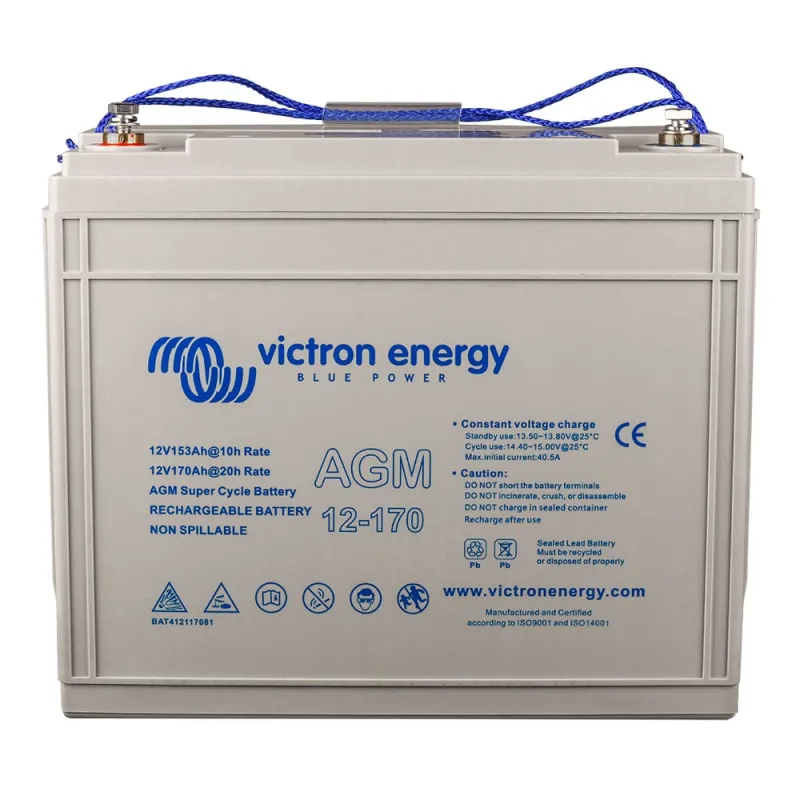 Victron Energy Batteriespeicher AGM 12V 170Ah von vorne mit Anschlüssen und Typenschild.