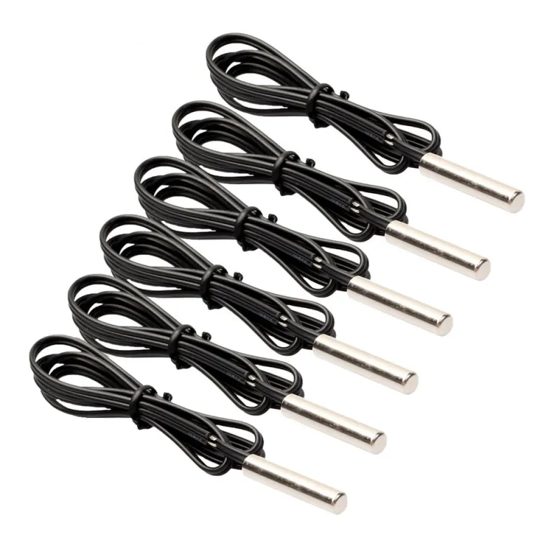 Sechs schwarze Temperatursensoren mit XH2.54-2P-Stecker und 1 m Kabel für präzise Messungen.