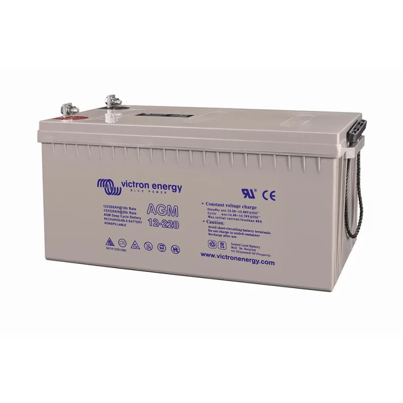 Victron Energy Batteriespeicher AGM 12V 220Ah in Verpackung mit technischen Daten