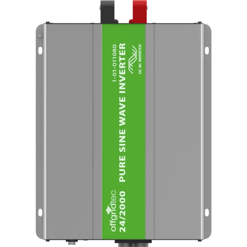 PSI Spannungswandler im Betrieb, angeschlossen an eine 24V-Batterie für autarke Stromversorgung.