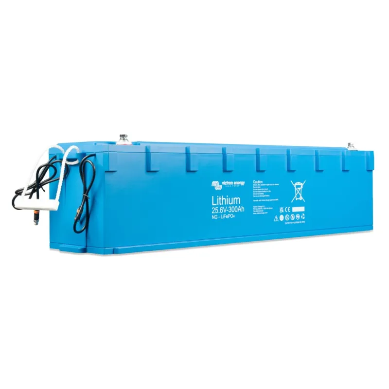 Victron Energy Batteriespeicher mit integriertem BMS, 25,6 V, 300 Ah, seitliche Ansicht.