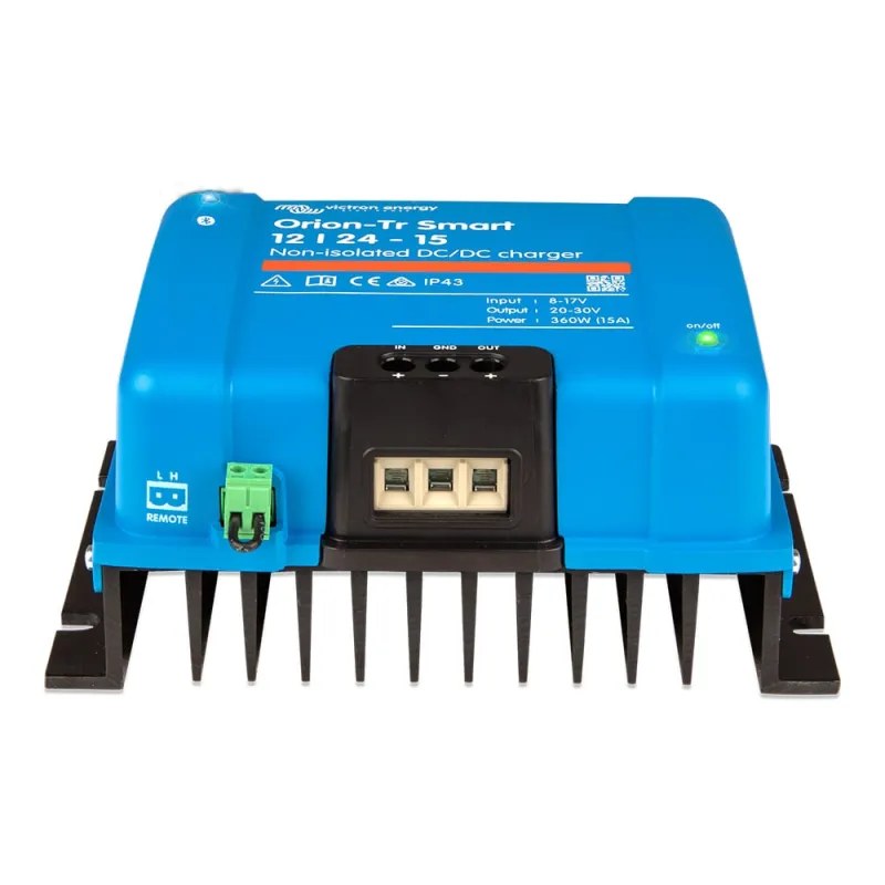 Technische Zeichnung des Victron Energy Orion-Tr DC-DC-Wandlers mit Abmessungen.