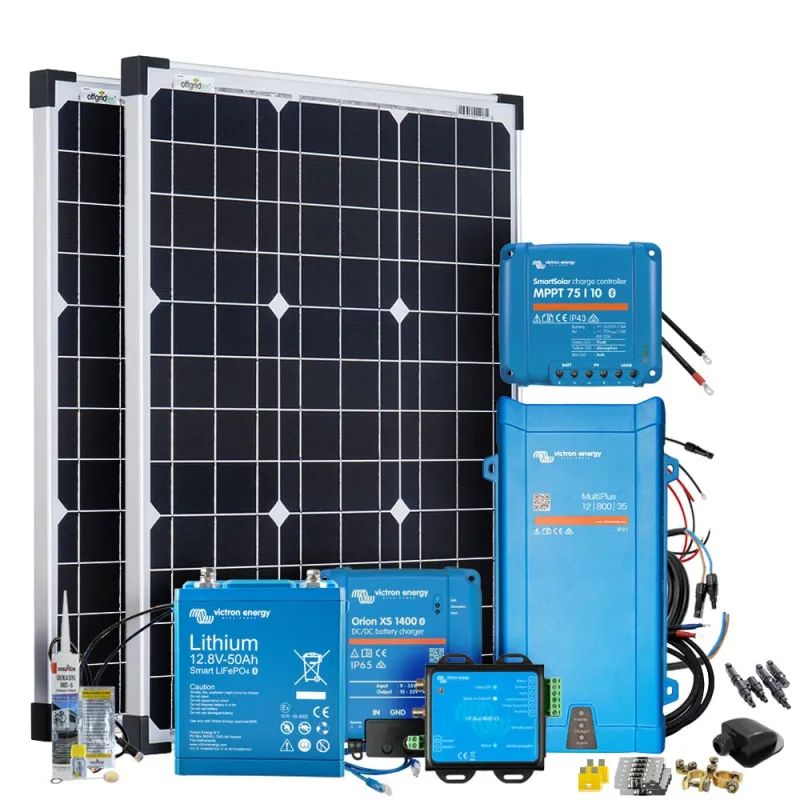 Mobil VeCore S 100W 640Wh Wohnmobil Solaranlage inkl. MultiPlus12/800/35 Wechselrichter, Batterieladegrät und Laderegler - schwarz