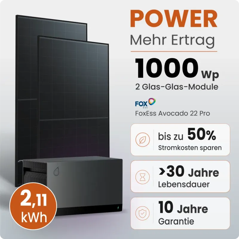 1000W Balkonkraftwerk Power mit 2,11 kWh Speicher Avocado 22 Pro