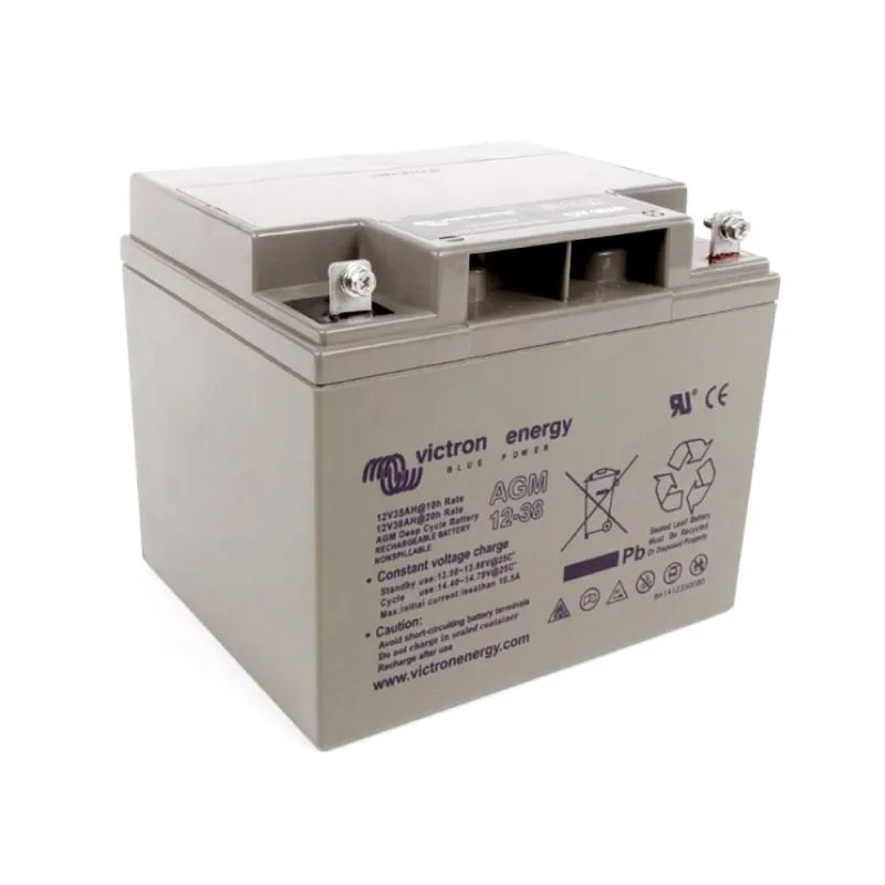 Victron Energy AGM-Batterie 12V 38Ah in schwarzem Gehäuse mit Herstellerlogo.