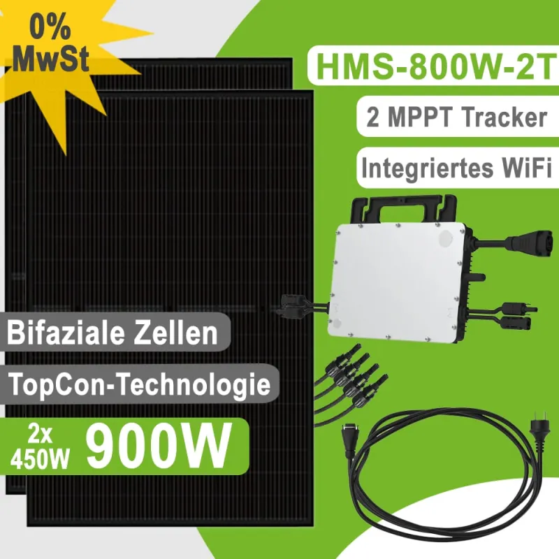 Balkonkraftwerk SolarDirect Luxen + WiFi 900W HMS-800-2WB mit zwei Solarmodulen und Wechselrichter