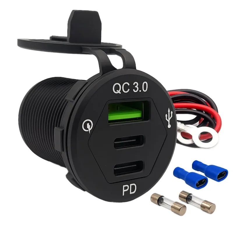 USB-Dreifachsteckdose 12V/24V 2x 18W USB-C und 1x 18W USB-A KFZ-Schnellladeadapter mit Abdeckung