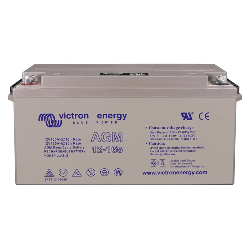 Seitliche Ansicht des Victron Energy Batteriespeichers AGM mit technischen Details.