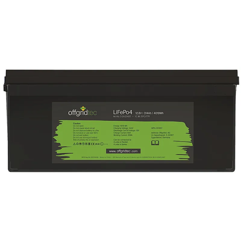 Seitliche Ansicht des Batteriespeichers LifePo4 Akku mit M8-Anschlüssen.