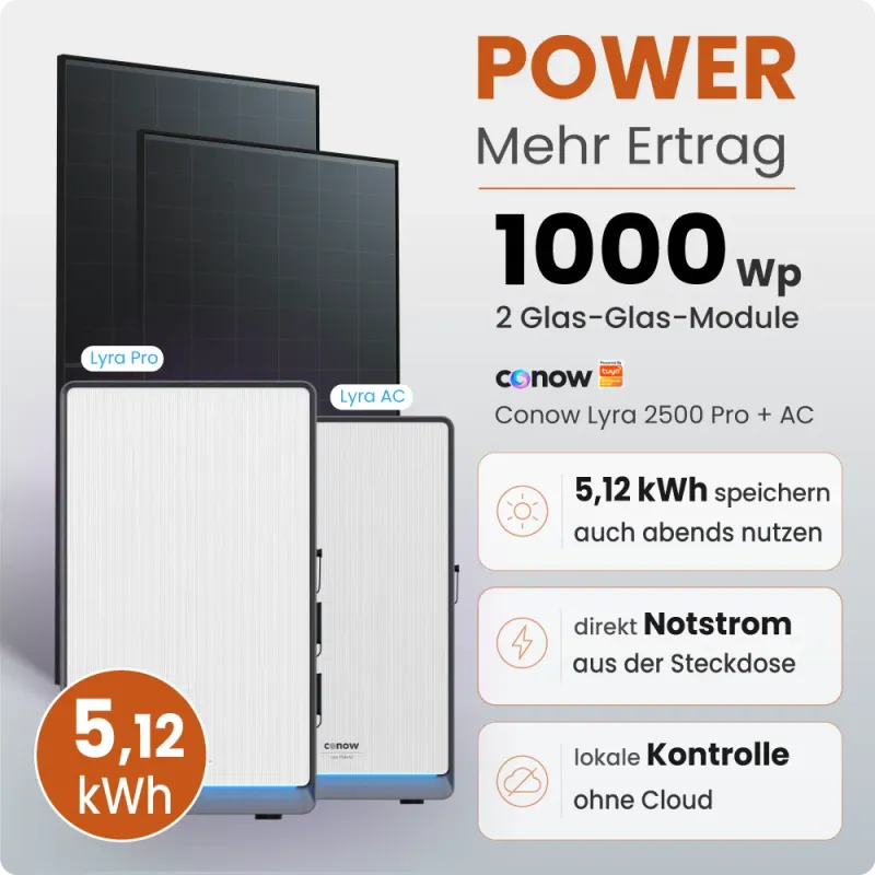 1000W Balkonkraftwerk Power mit 5,12 kWh Speicher Conow Lyra Pro + AC