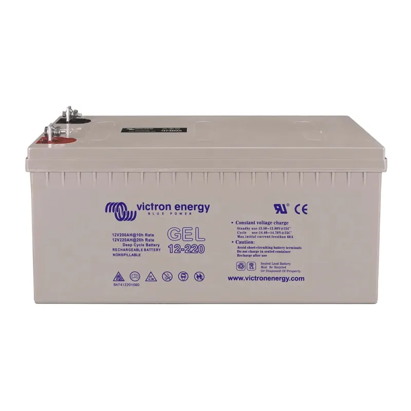 Seitliche Ansicht des Victron Batteriespeichers Gel Deep mit Typenschild und technischen Angaben.