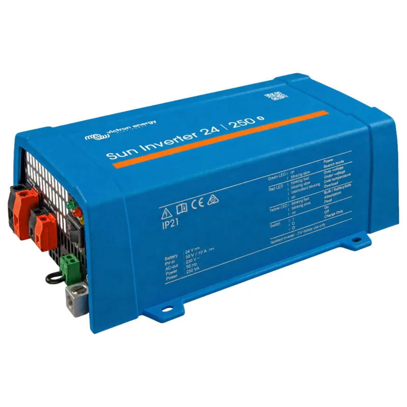 Seitliche Ansicht des Victron Wechselrichters Sun 24/250-10 IEC.