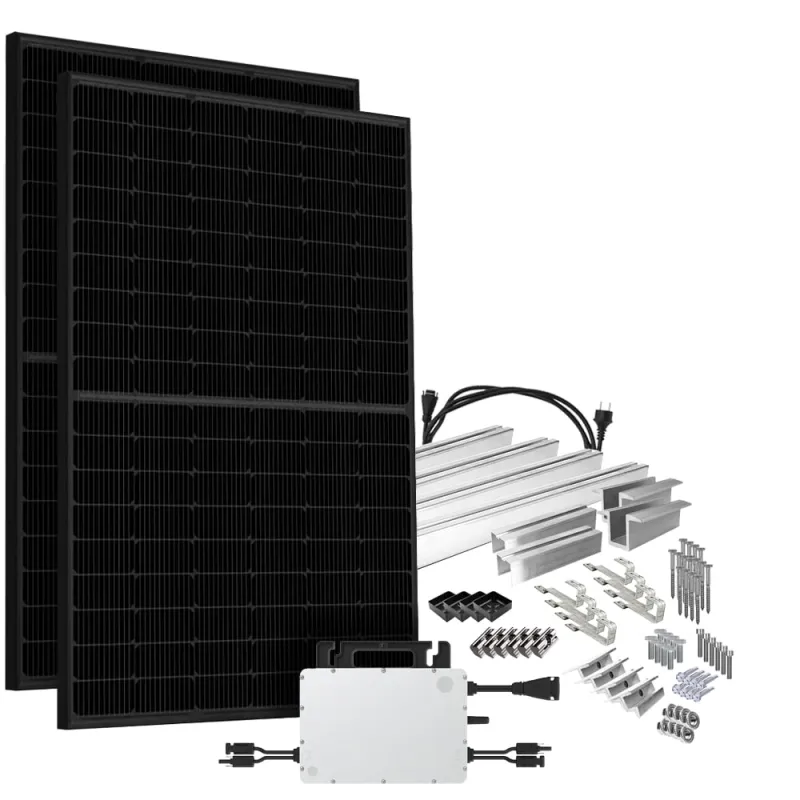 Solar-Direct 900W HMS-800-2WB Balkonkraftwerk Bifazial Full Black Schukosteckdose - 5m - Montageset Biberschwanz