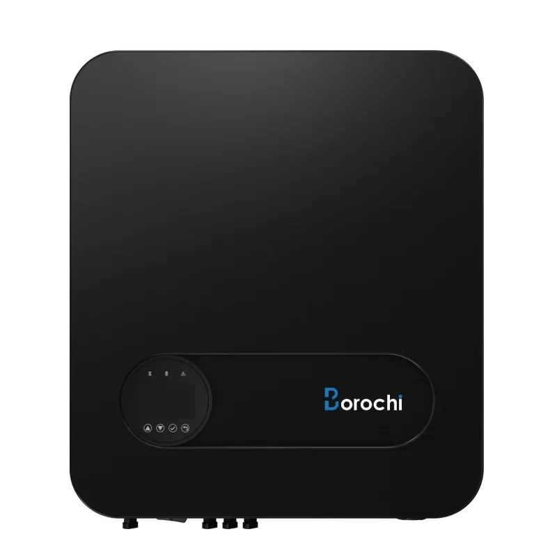 Technische Rückansicht des Borochi Hybrid-Wechselrichters mit Kabelanschlüssen und Lüftung.