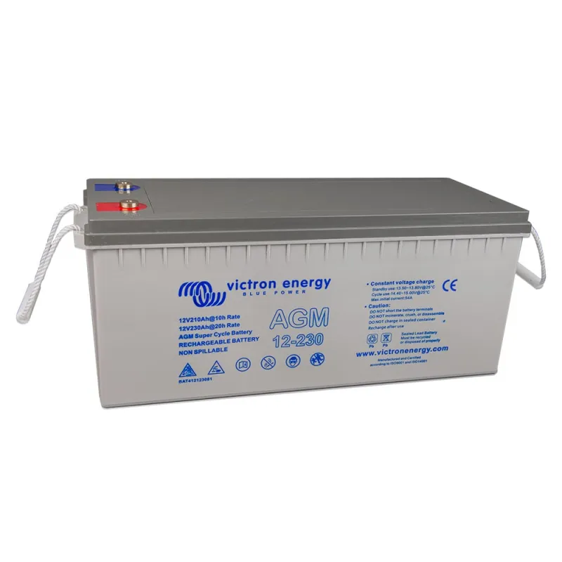 Seitliche Ansicht des Victron Energy Batteriespeichers AGM 12V 230Ah mit Abmessungen.