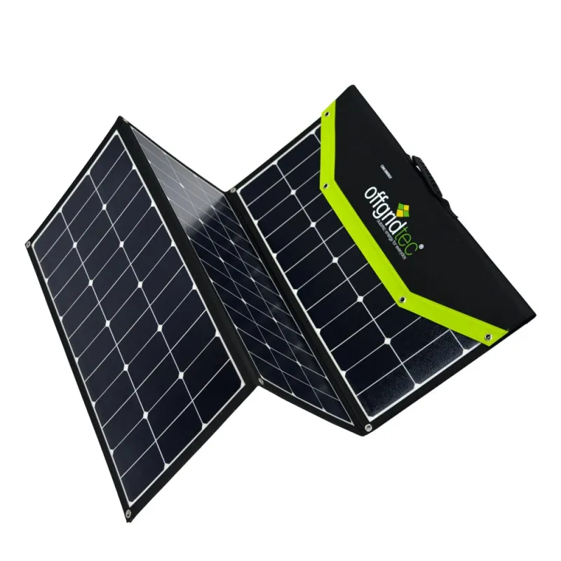 Seitliche Detailansicht des faltbaren Solarmoduls mit Anschlüssen und Halterungen.