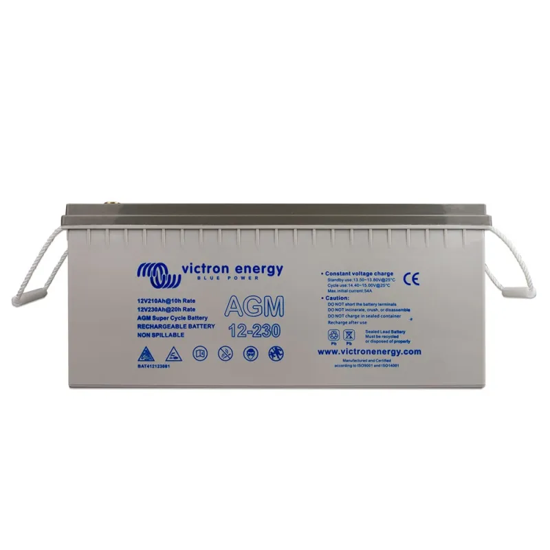 Victron Energy Batteriespeicher AGM 12V 230Ah von vorne mit Anschlüssen und Typenschild.