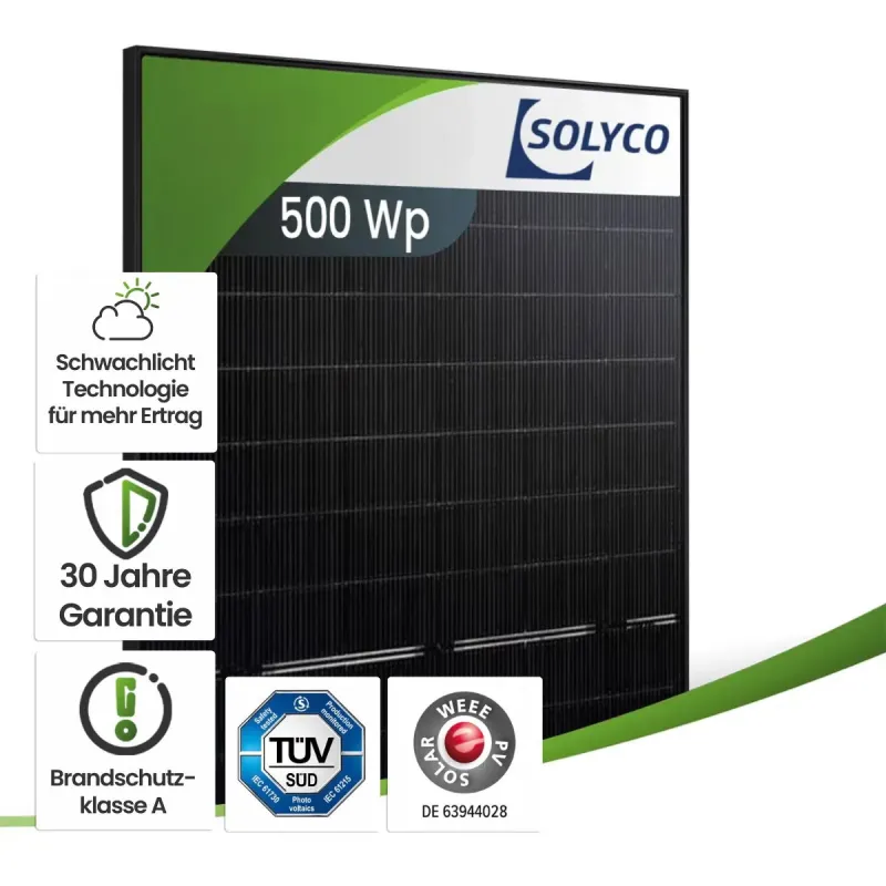 Solyco R-BG 108h.5 Photovoltaik-Modul mit 500 Wp in Fullblack-Optik, Vorderansicht