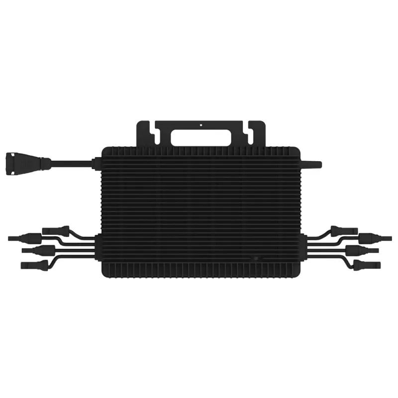 Seitenansicht des Hoymiles HMS-1800-4T Microinverters mit Anschlüssen und Kühlrippen.