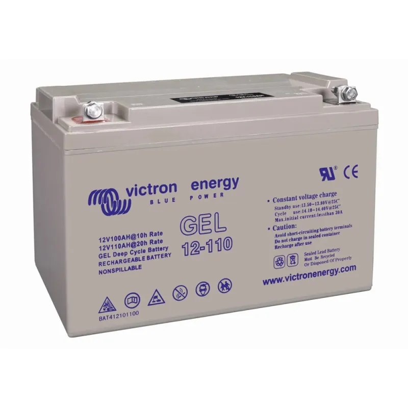 Seitliche Ansicht des Victron Batteriespeichers Gel Deep mit Typenschild