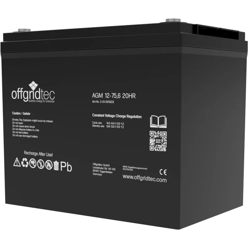 Seitliche Ansicht des Batteriespeichers AGM mit Anschlüssen und Typenschild für 12 V DC.