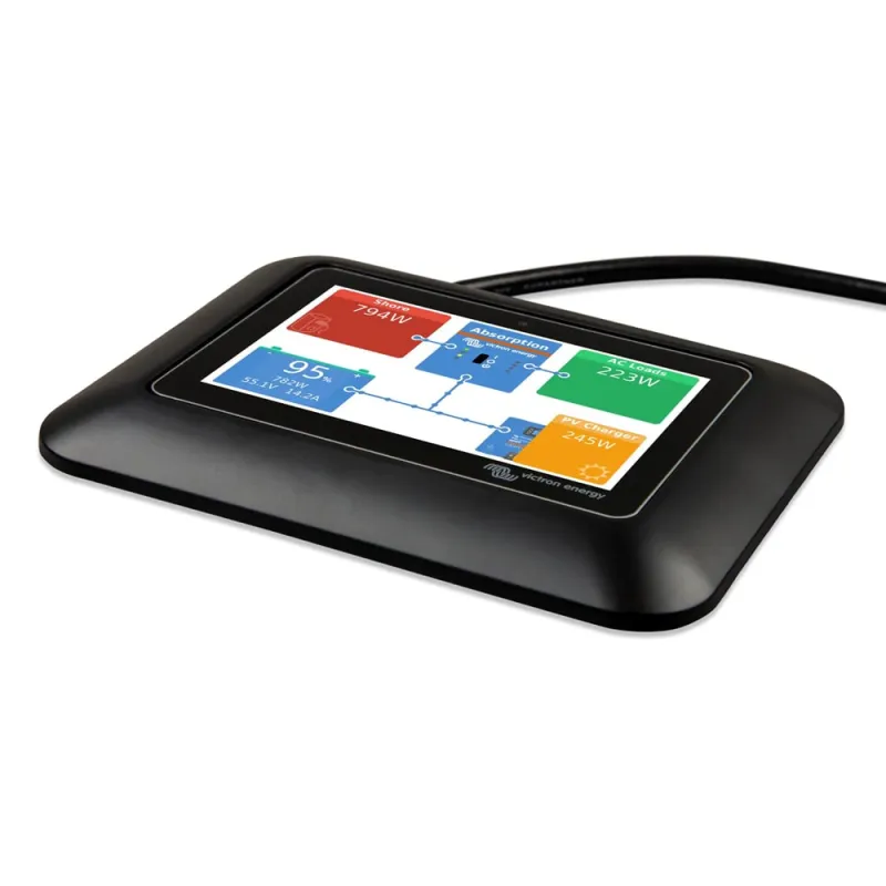 Victron GX Touch Adapter in Verpackung mit technischen Daten und Montagehinweisen.