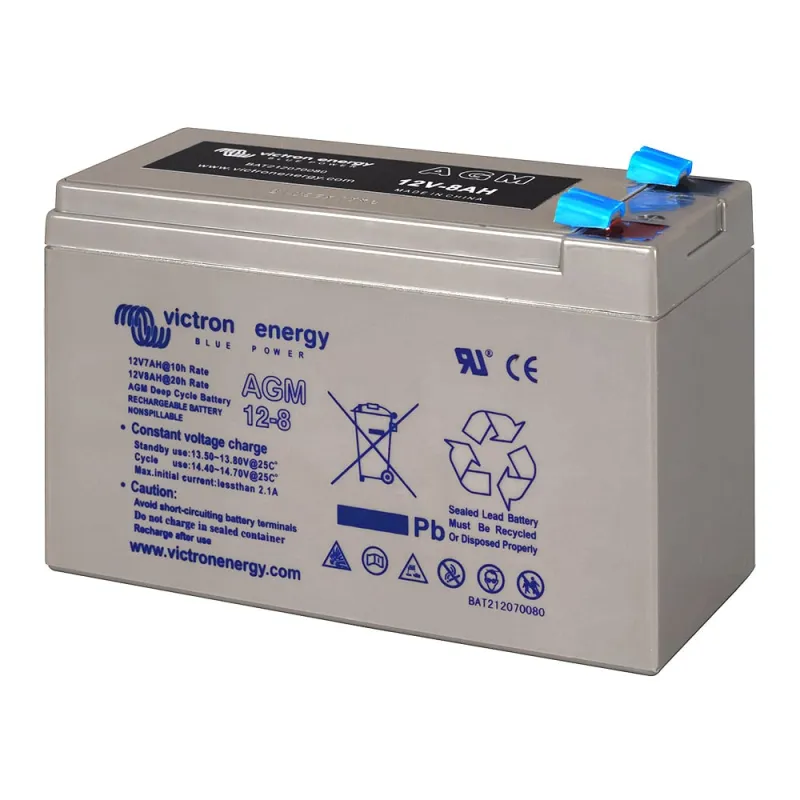 Victron Energy AGM-Batteriespeicher 12V/8Ah mit technischen Aufdrucken auf dem Gehäuse