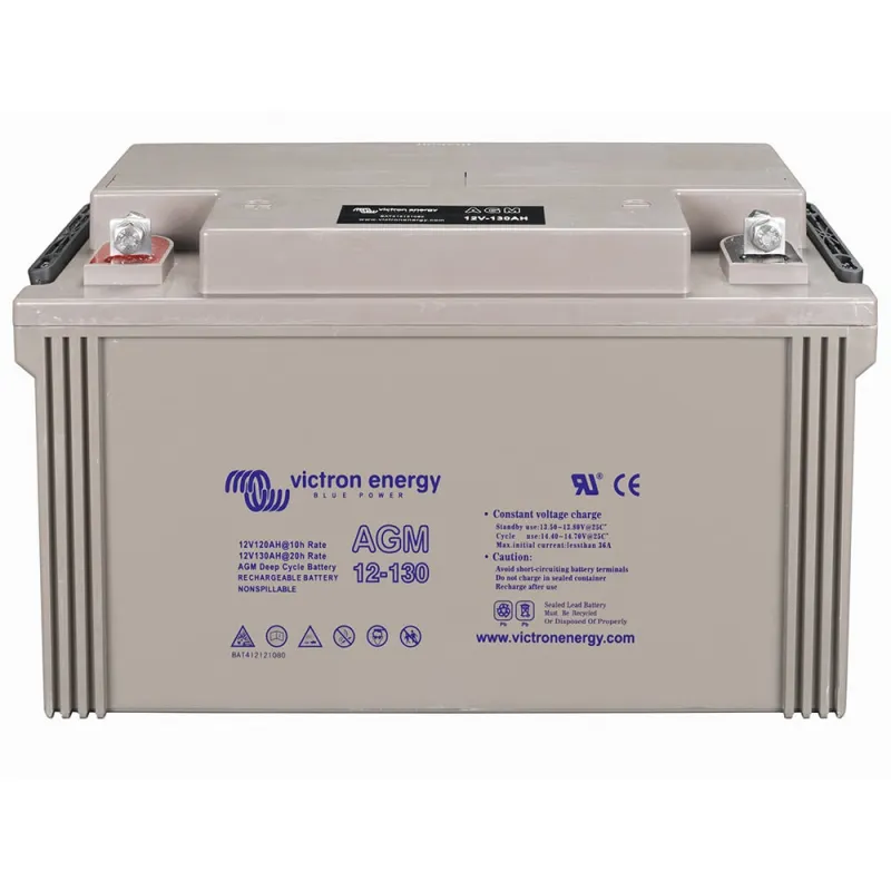 Seitliche Ansicht des Victron Energy Batteriespeichers AGM 12V/130Ah mit Maßen