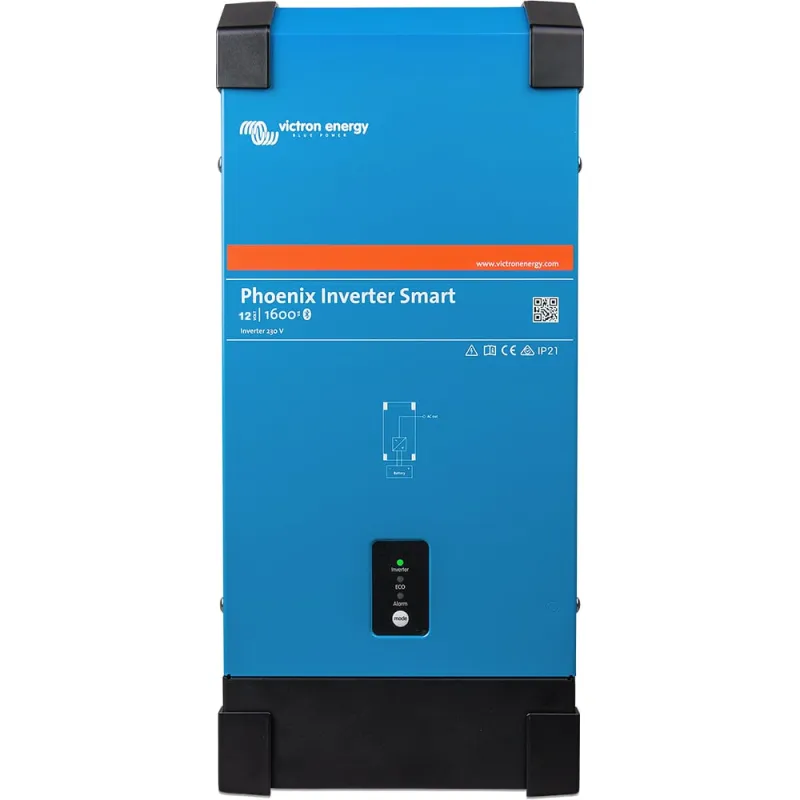 Seitliche Ansicht des Victron Energy Wechselrichters mit Schuko-Anschluss und Ve.Direct-Port.