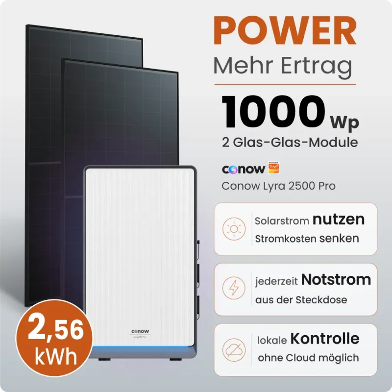 1000W Balkonkraftwerk Power mit 2,56 kWh Speicher Conow Lyra by Tuya Smart