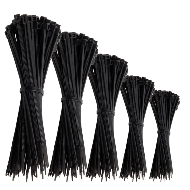 Schwarze Kabelbinder aus UV-beständigem Nylon in verschiedenen Längen, 1000 Stück im Set.