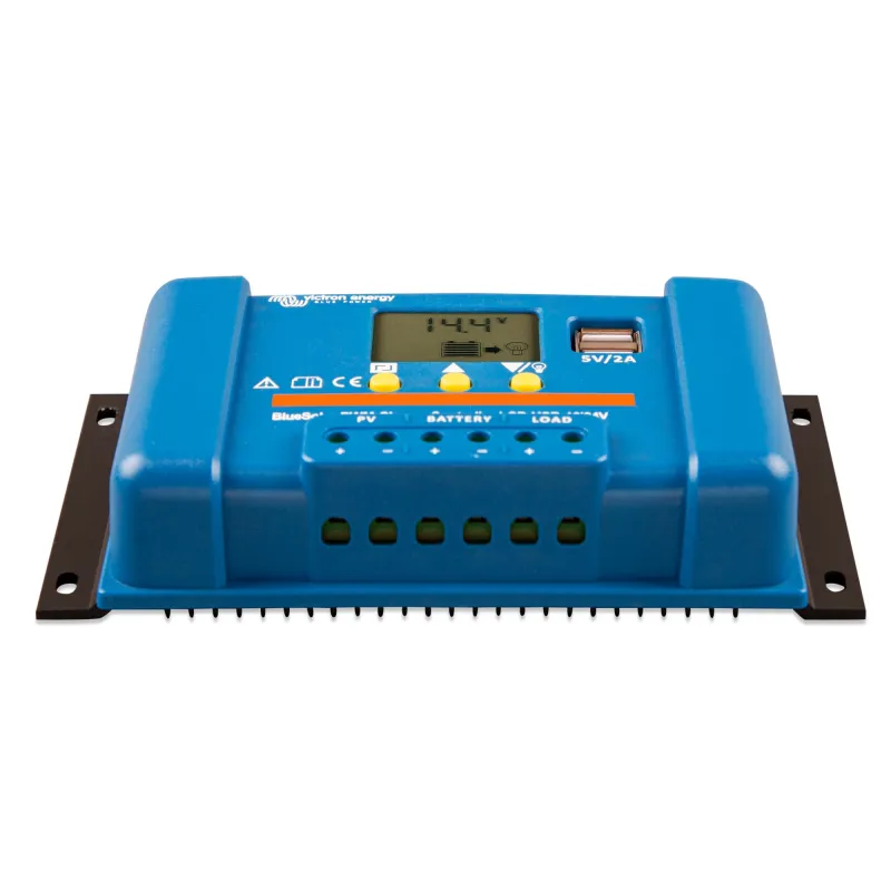 LCD-Display des Victron Solarladereglers BlueSolar PWM-LCD&USB zur Anzeige von Ladezustand und Systemdaten.