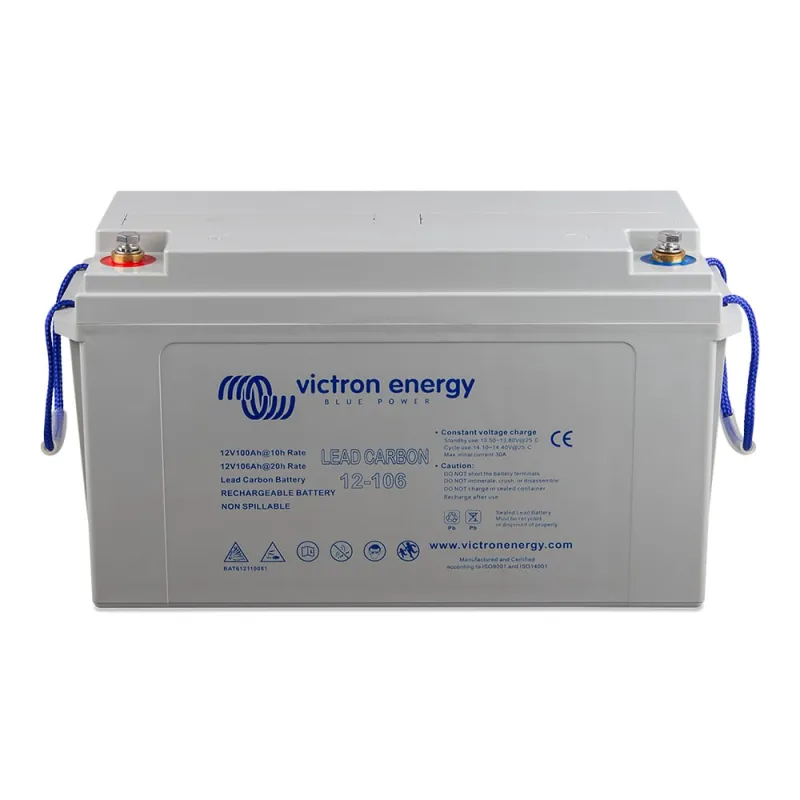 Rückansicht des Victron Energy Batteriespeichers Blei 12V 106Ah für Solarstrom