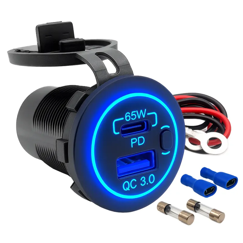 USB-Doppelsteckdose 12V /24V 18W USB-A + 65W USB-C Steckdose Kfz-Schnellladeadapter mit Abdeckung