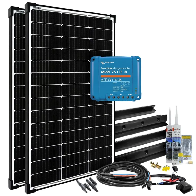 Detailansicht der mPremium+ L Solarmodule mit Anschlusskabeln und Montagezubehör.